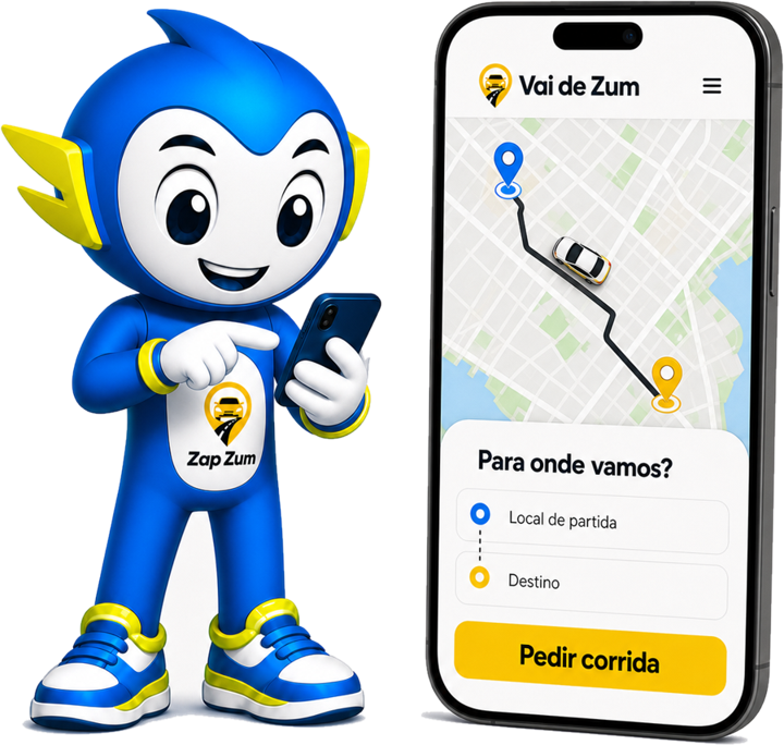 Mascote da Vai de Zum ao lado de um celular com o app aberto